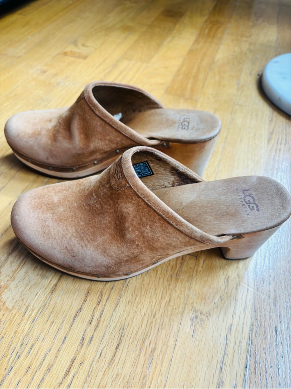 UGG Tan Suede Studded Wooden Clog Mules - Picture 4 of 10
